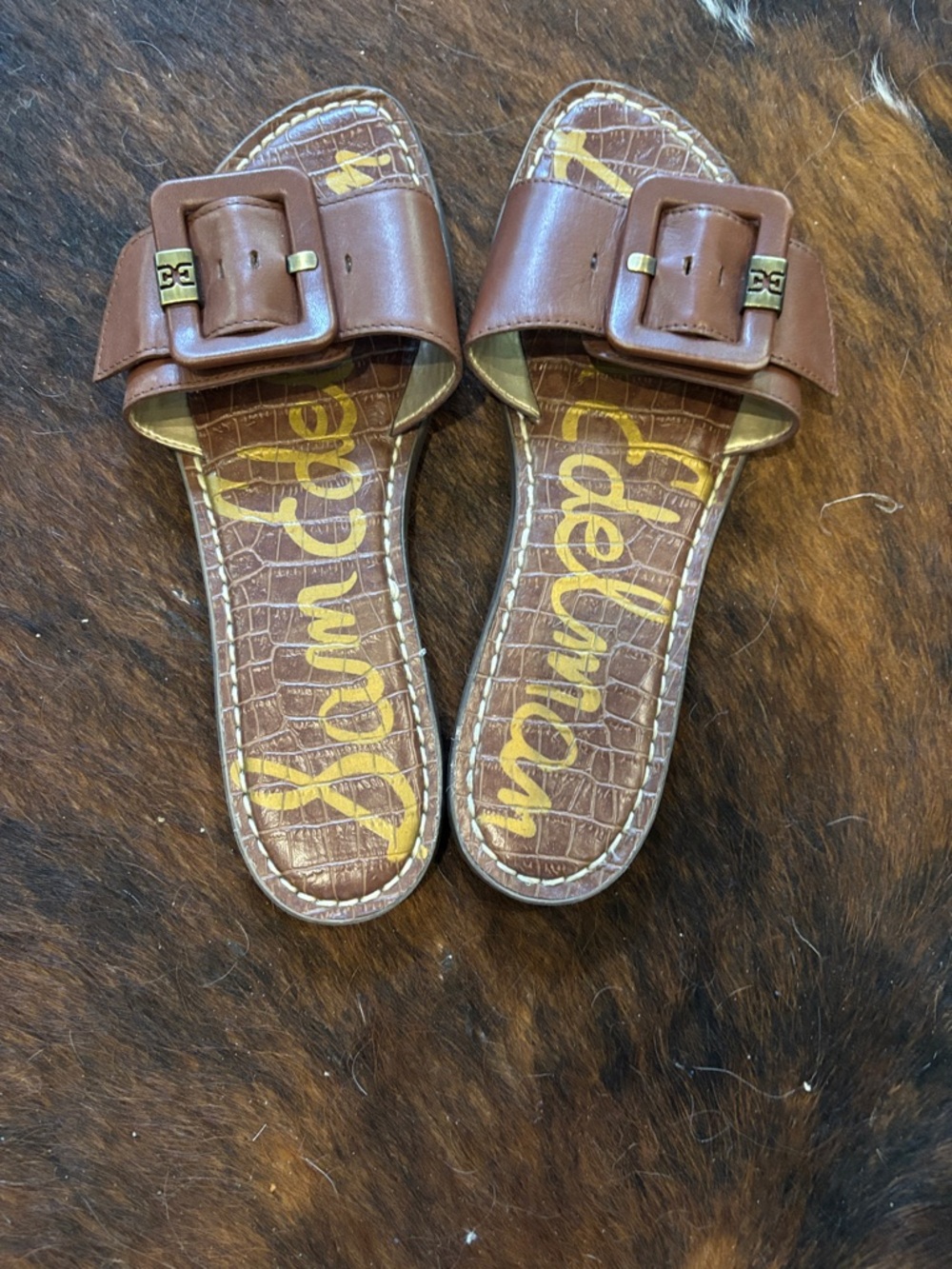 Sam Edelman Brown Leather Buckle Slide Sandals